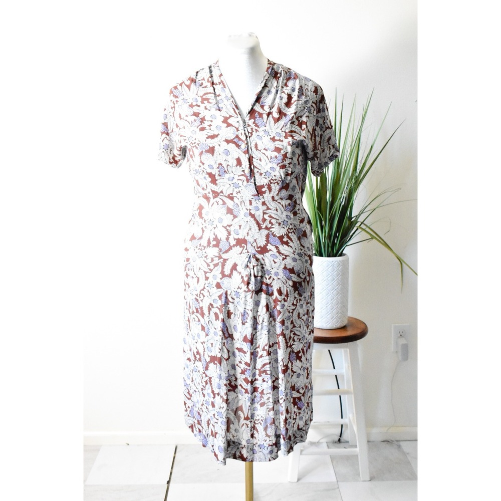 Martha Manning Floral Day Dress Women Medium Brown 40s Vintage Side Zip Rayon